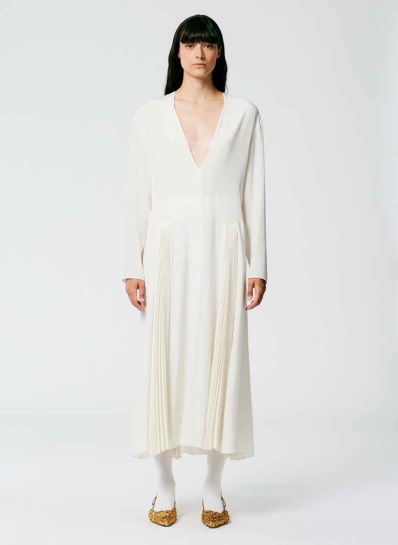 Eco Silk Pleated Godet Dress White-1