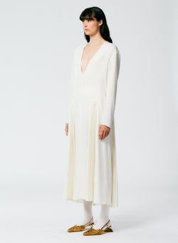 Eco Silk Pleated Godet Dress White-2