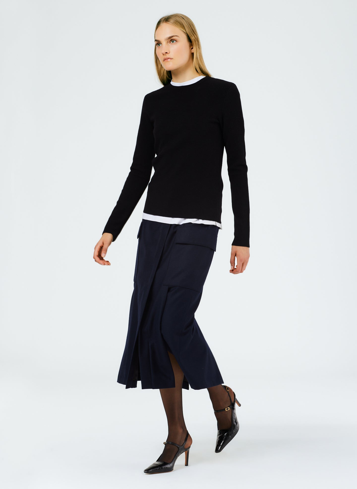 Superfine Wool Flannel Paneled Cargo Skirt - Navy-1