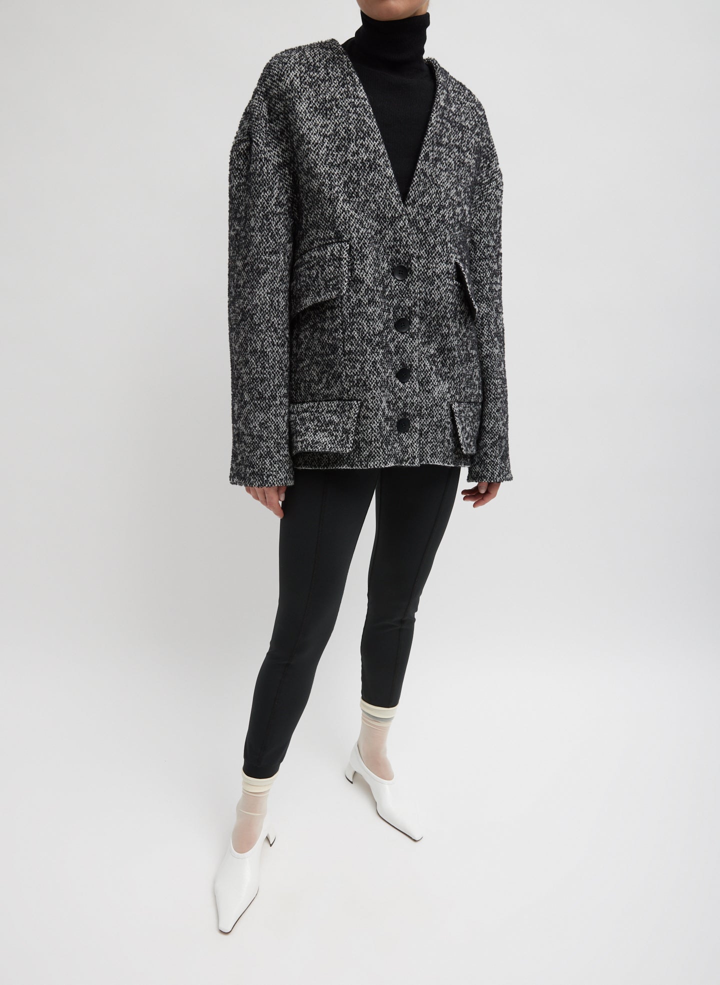 Boucle Tweed Cardigan Coat - Black/Ivory Multi-1