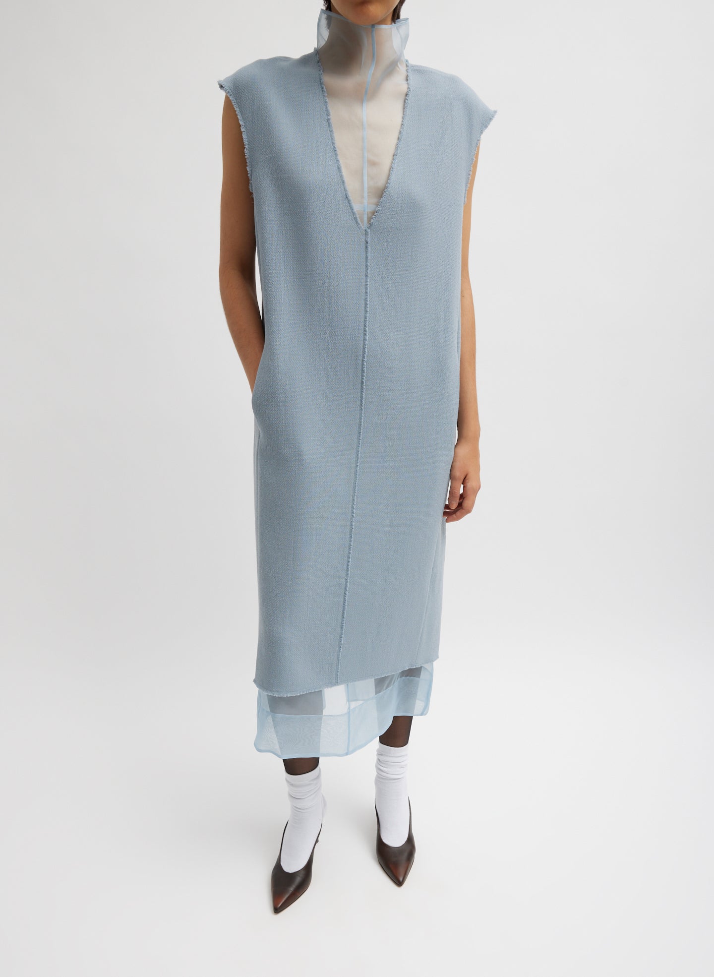 Melee Crepe V-Neck Dress With Organza Lining - Light Blue-1