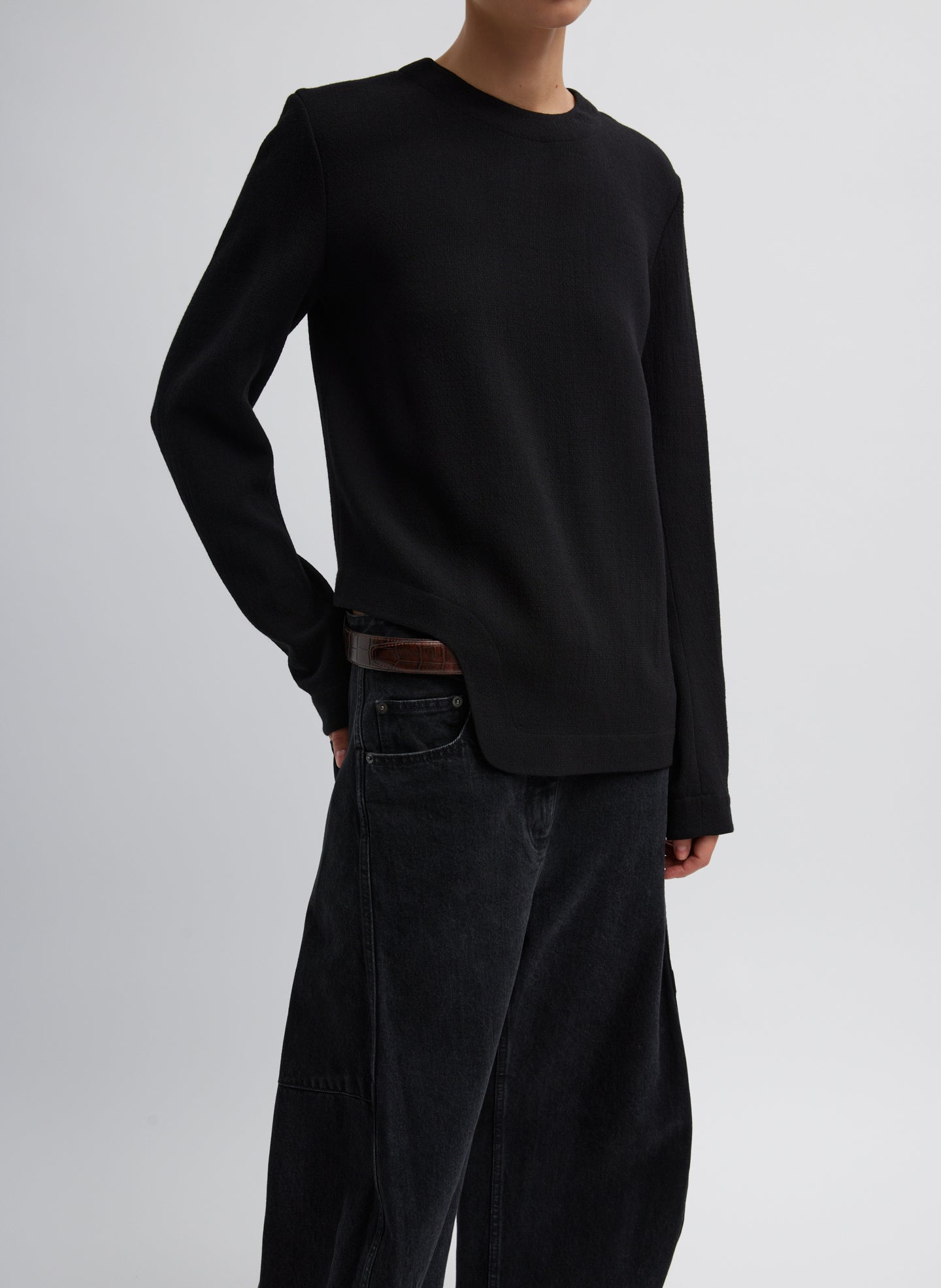 Melee Crepe Long Sleeve Cropped Top - Black-1