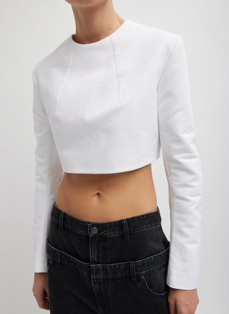 Sculpted Cotton Cropped Long Sleeve Top White-3