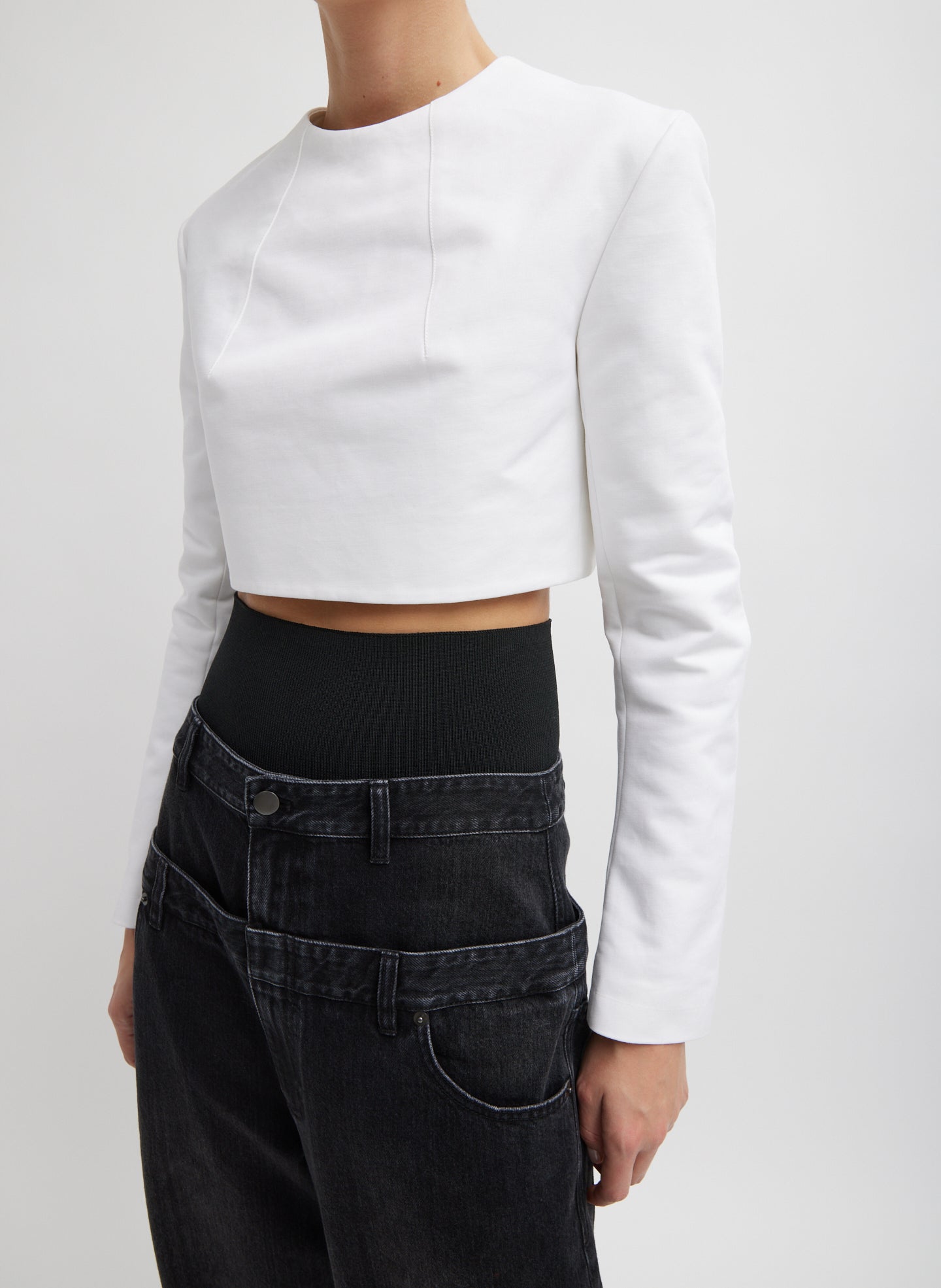 Sculpted Cotton Cropped Long Sleeve Top - White-1