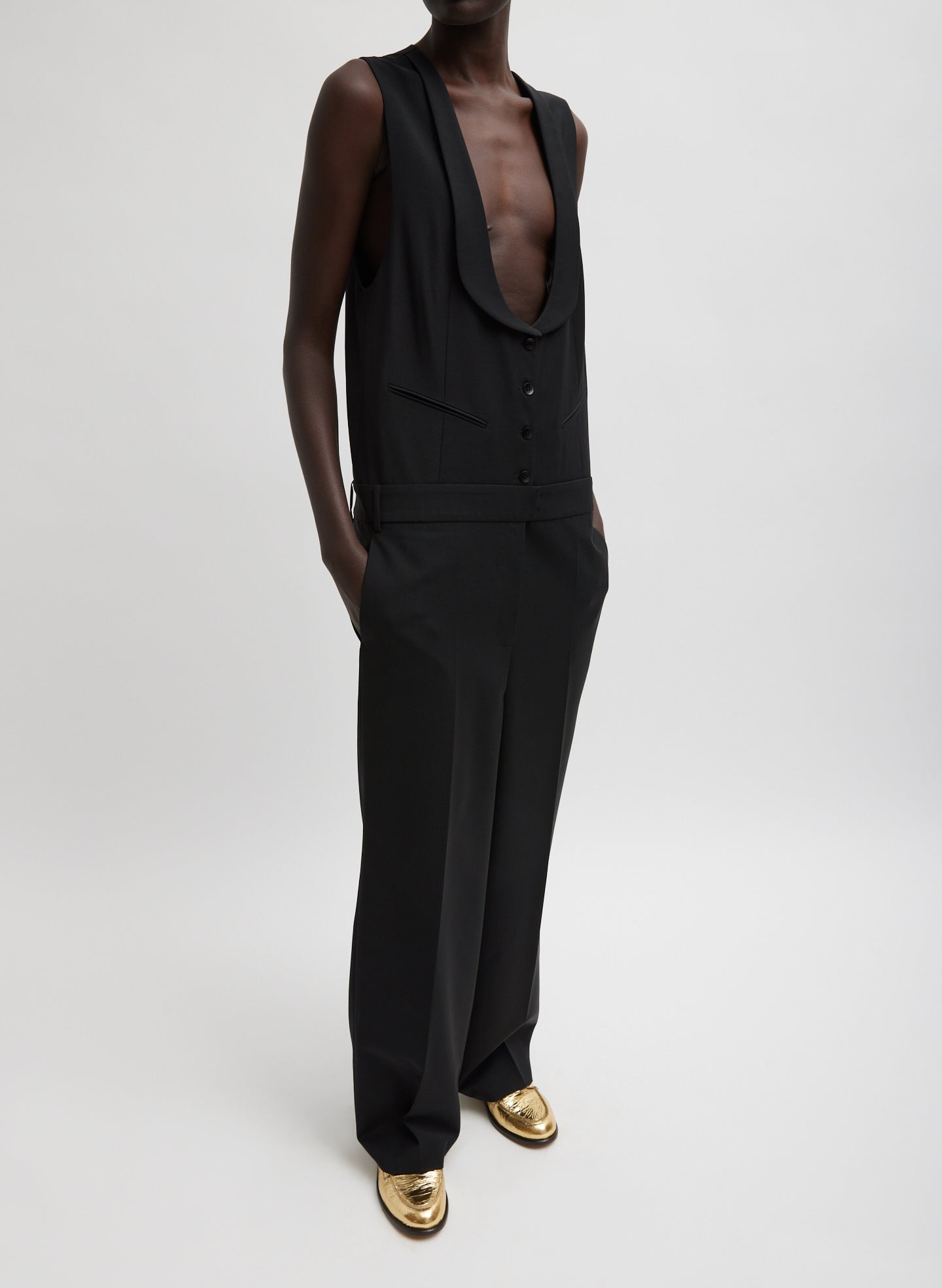 Recycled Tropical Wool Tuxedo Jumpsuit - Black-1