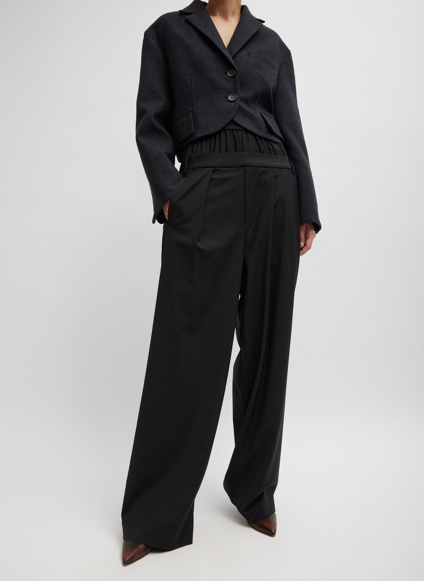 Recycled Tropical Wool Double Waist Boxer Trouser - Black-1