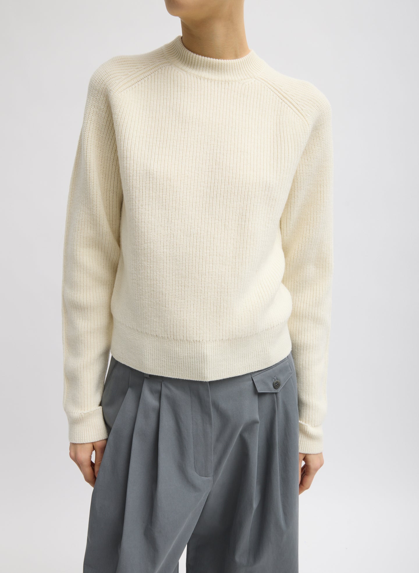 Cardigan Stitch Wool Shrunken Crewneck Pullover - Ivory Cardigan Stitch Wool Shrunken Crewneck Pullover - front view on model
