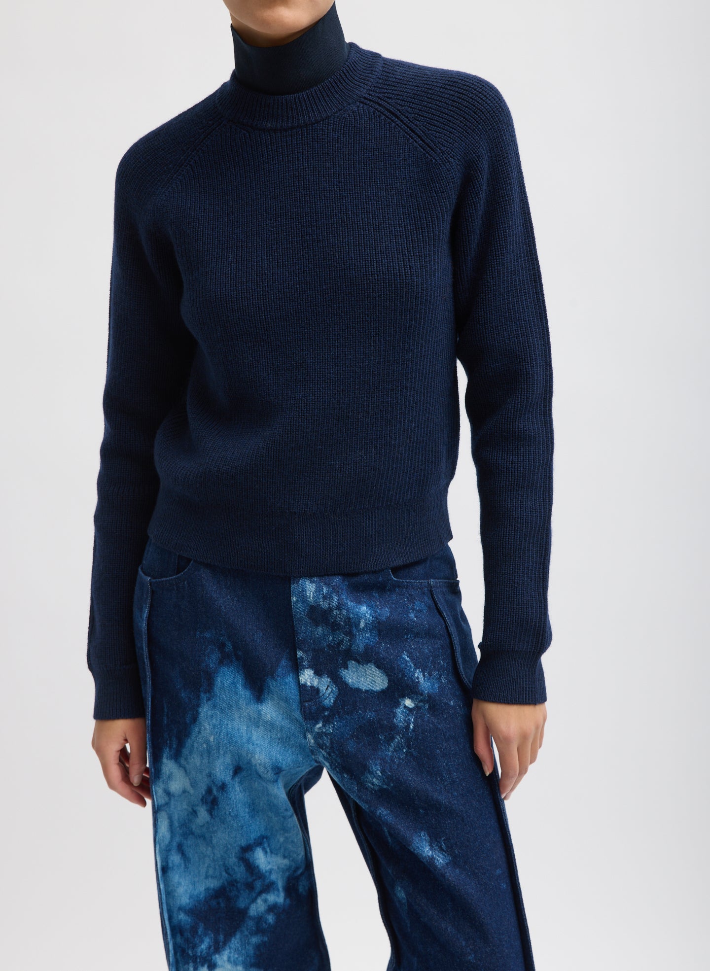 Cardigan Stitch Wool Shrunken Crewneck Pullover - Navy Cardigan Stitch Wool Shrunken Crewneck Pullover - front view on model