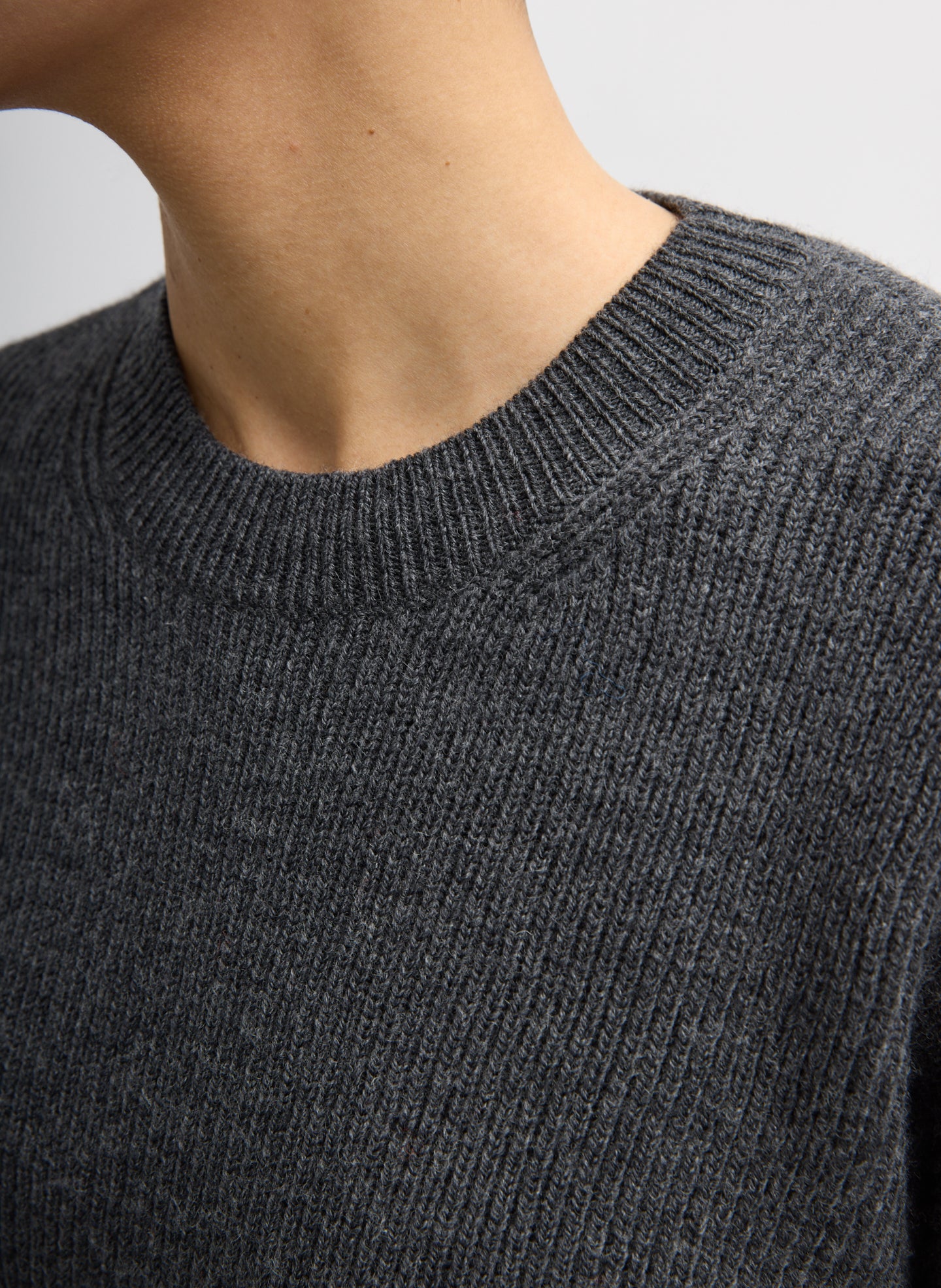 Dark Heather Grey Cardigan Stitch Split Front Crewneck Easy Pullover - closeup of ribbed crewneck detail
