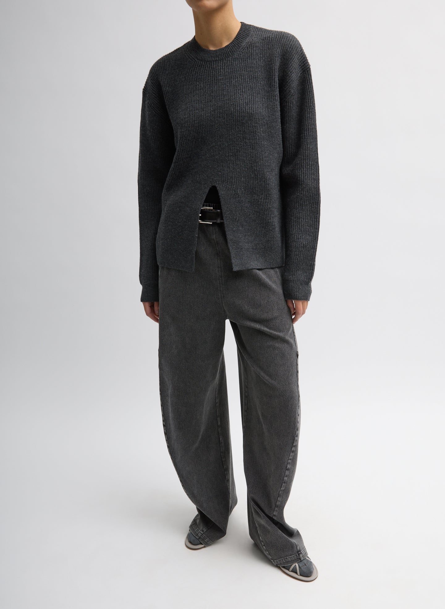 Dark Heather Grey Cardigan Stitch Split Front Crewneck Easy Pullover - full look, front view on model
