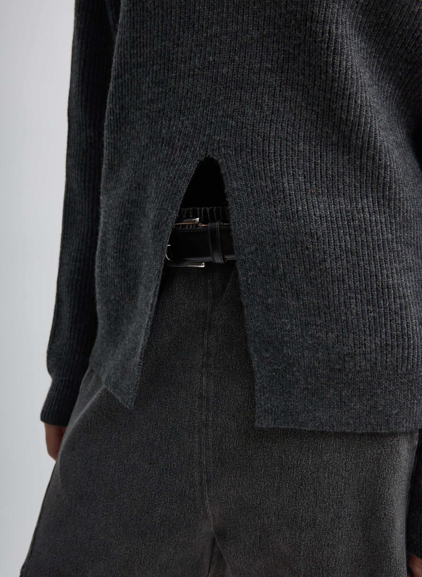 Dark Heather Grey Cardigan Stitch Split Front Crewneck Easy Pullover - closeup of split front detail