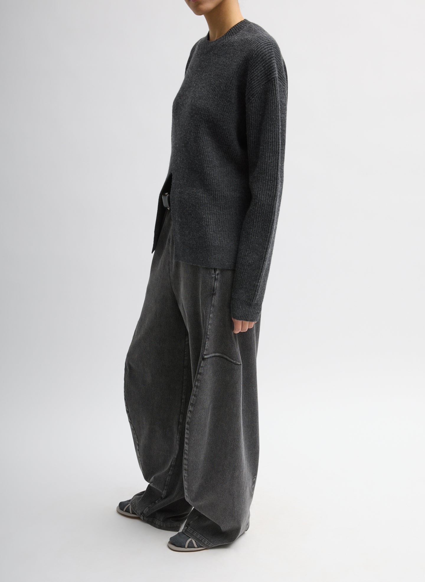 Dark Heather Grey Cardigan Stitch Split Front Crewneck Easy Pullover - full look, side view on model