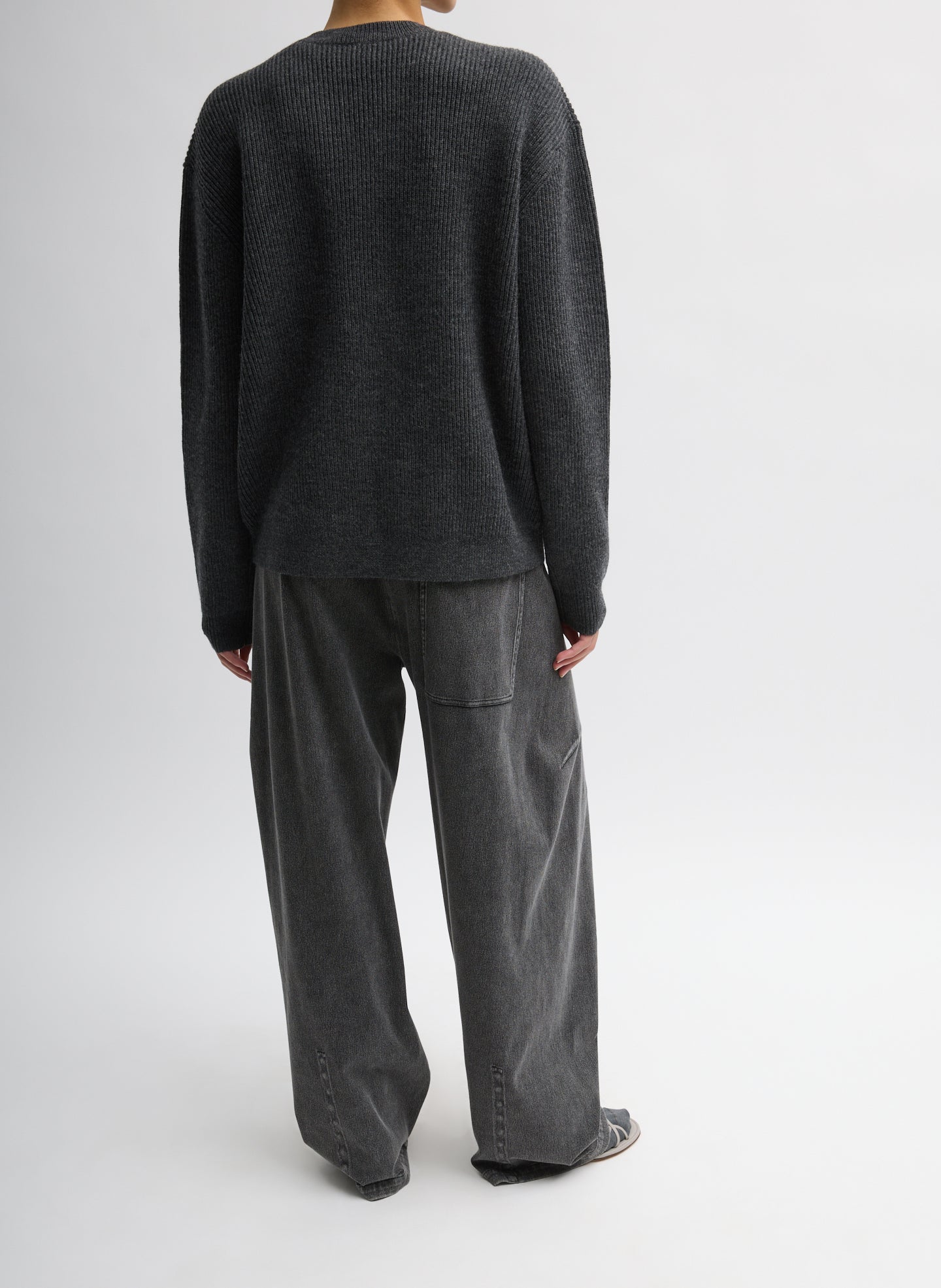 Dark Heather Grey Cardigan Stitch Split Front Crewneck Easy Pullover - full look, back view on model