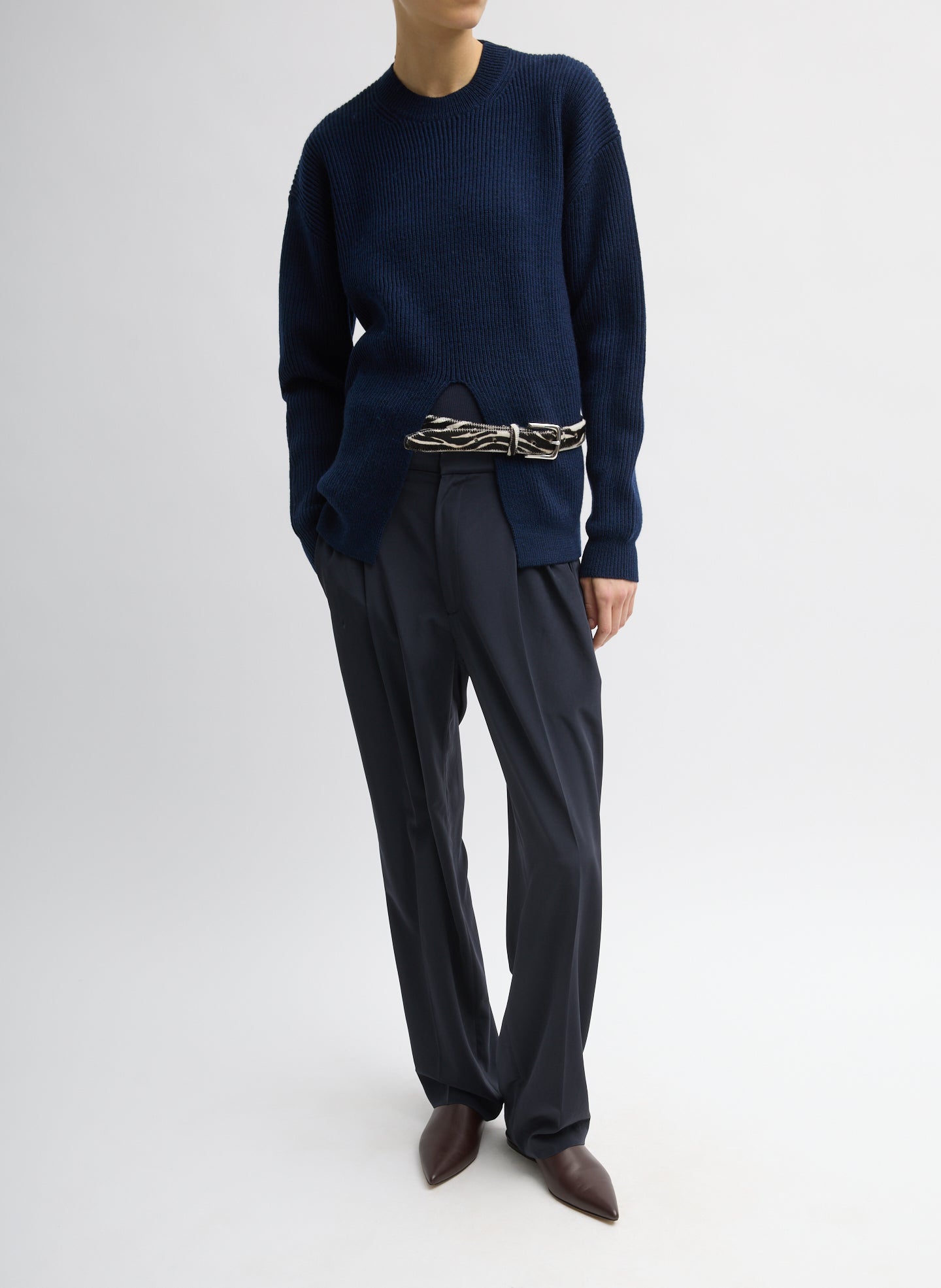 Cardigan Stitch Split Front Crewneck Easy Pullover - Dark Navy Cardigan Stitch Split Front Crewneck Easy Pullover - full look, front view on model