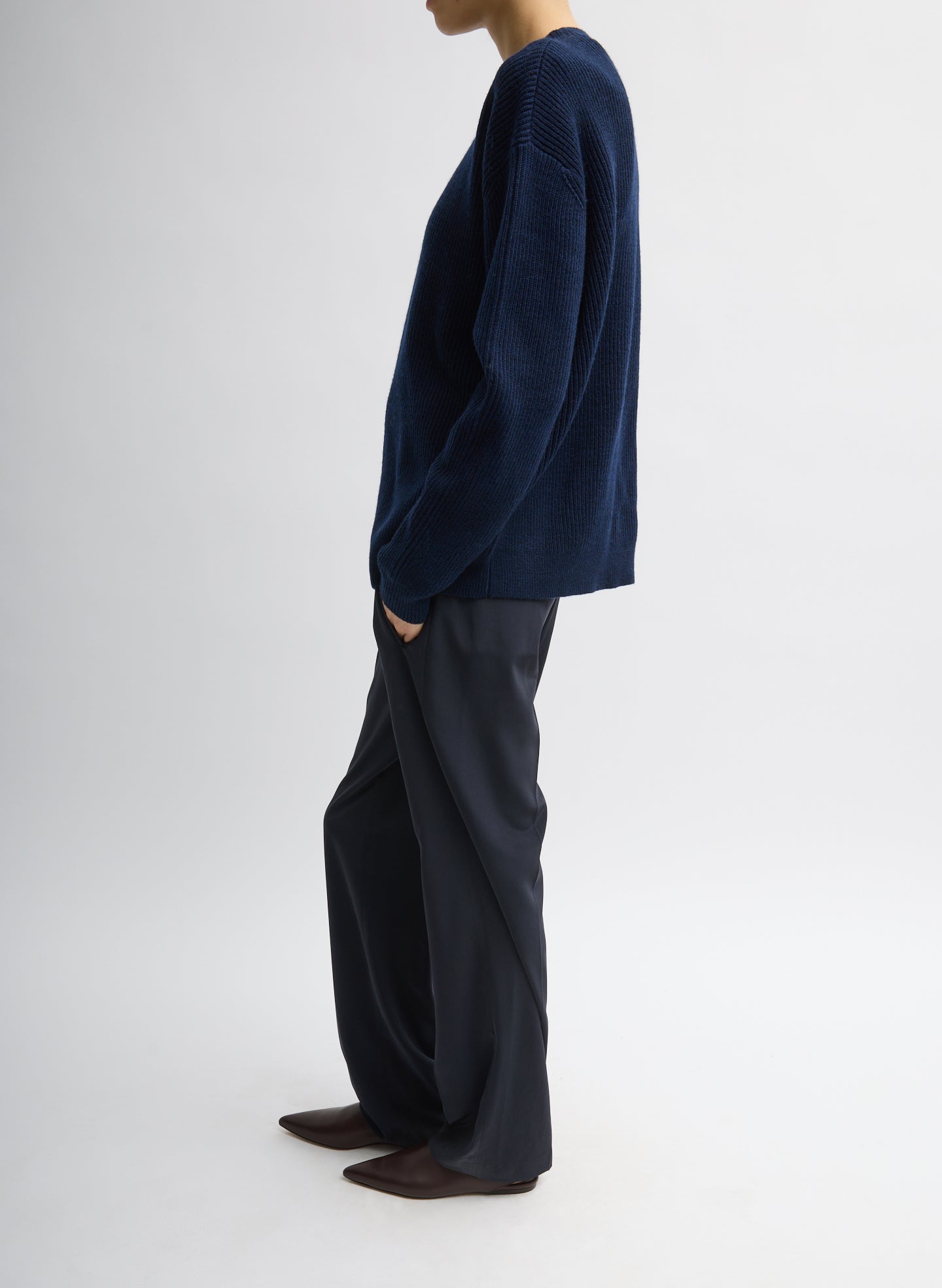 Dark Navy Cardigan Stitch Split Front Crewneck Easy Pullover - full look, side view on model