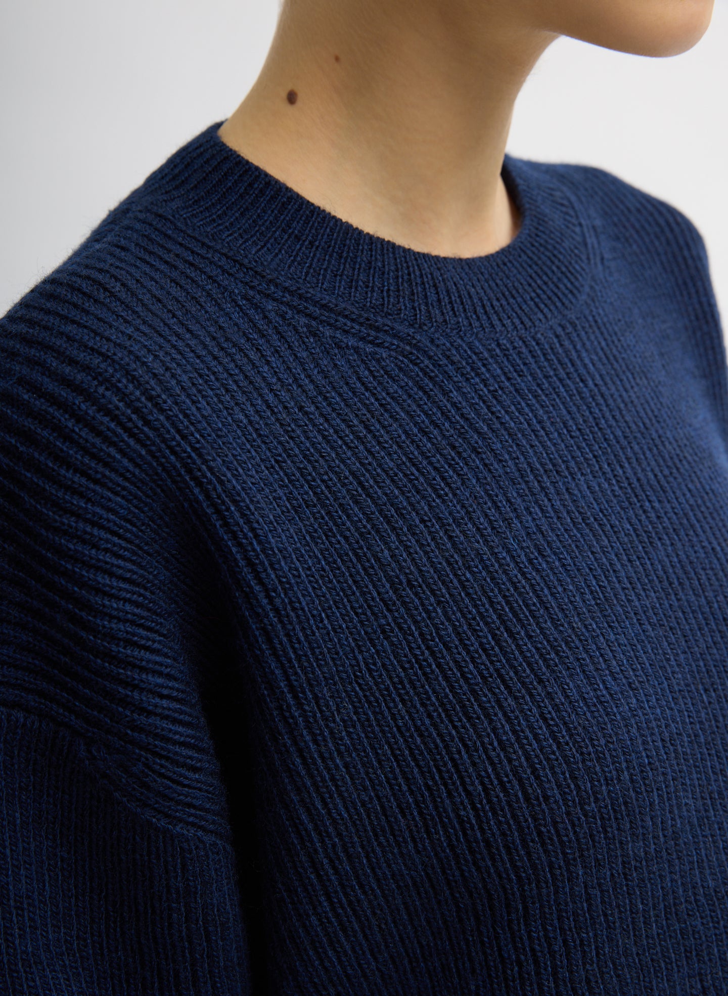 Dark Navy Cardigan Stitch Split Front Crewneck Easy Pullover - closeup of ribbed neckline
