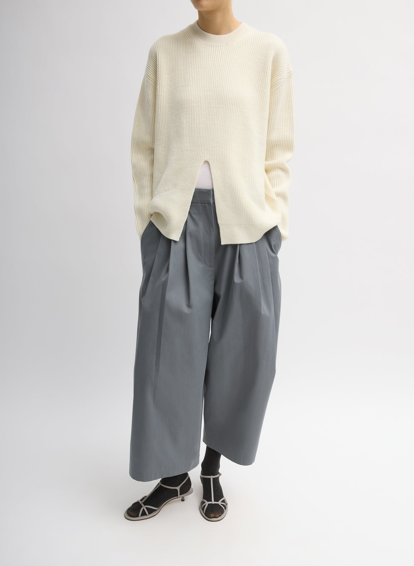 Ivory Cardigan Stitch Split Front Crewneck Easy Pullover - full look, front view on model