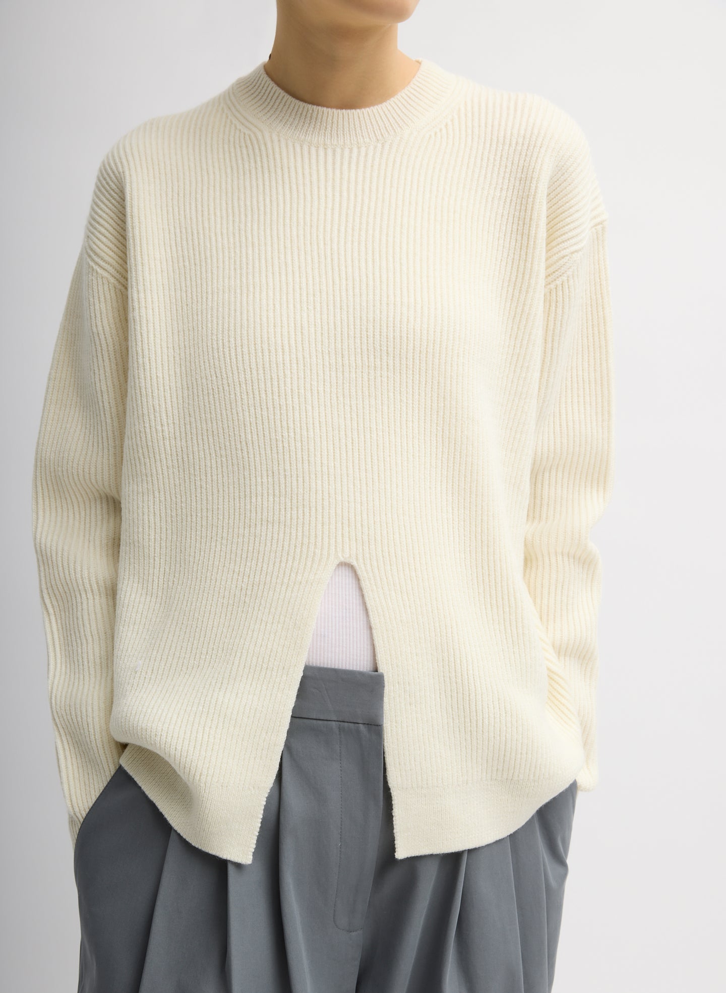 Cardigan Stitch Split Front Crewneck Easy Pullover - Ivory Cardigan Stitch Split Front Crewneck Easy Pullover - front view on model