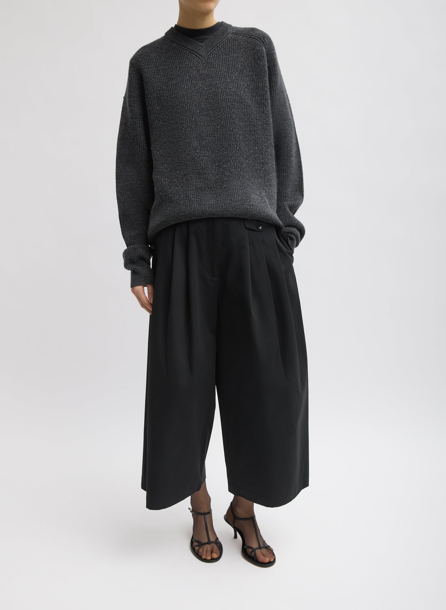 Cardigan Stitch V-Neck Easy Pullover - Dark Heather Grey Cardigan Stitch V-Neck Easy Pullover - full look, front view on model