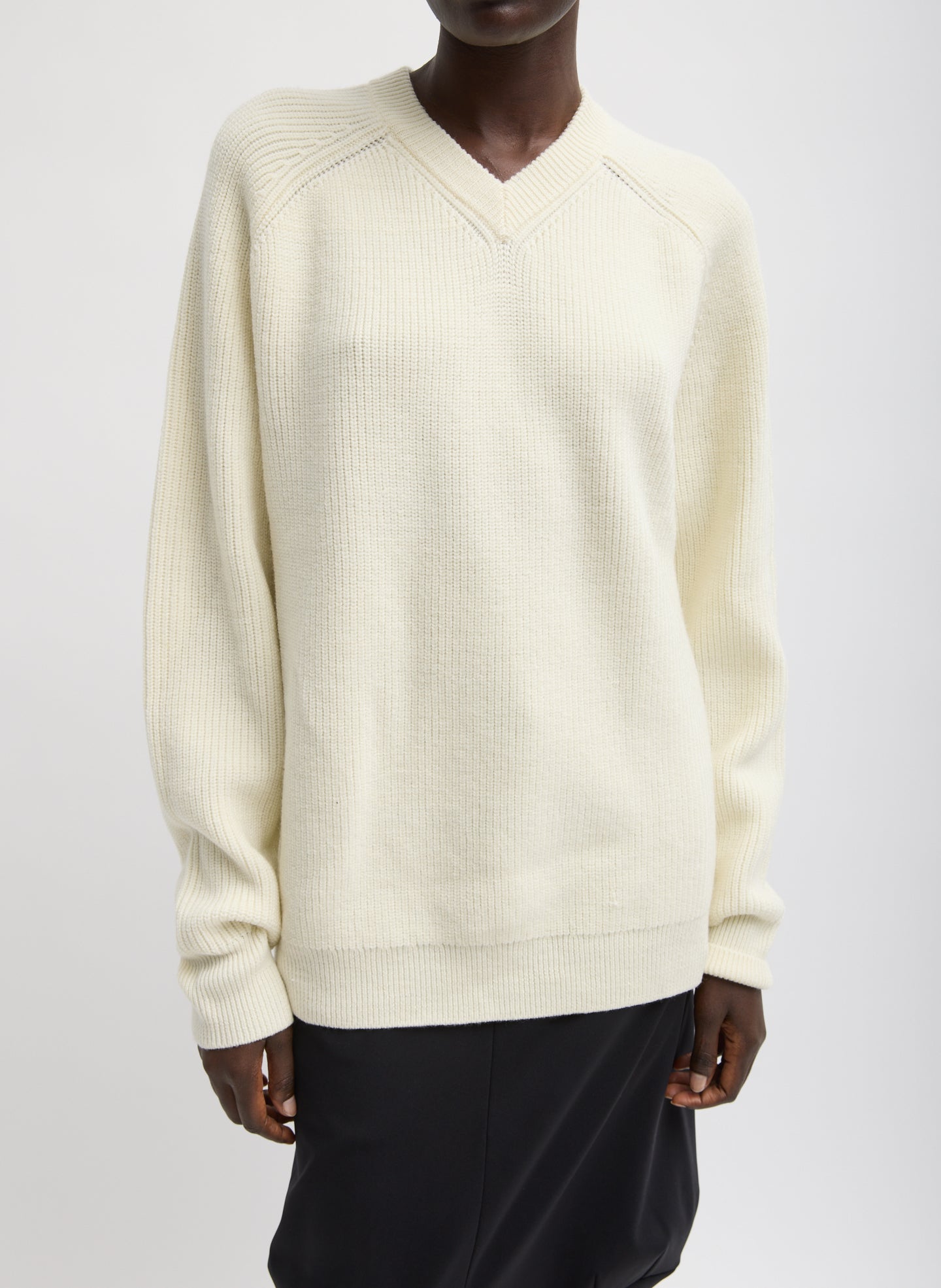 Cardigan Stitch V-Neck Easy Pullover - Ivory Cardigan Stitch V-Neck Easy Pullover - relaxed fit, front view on model