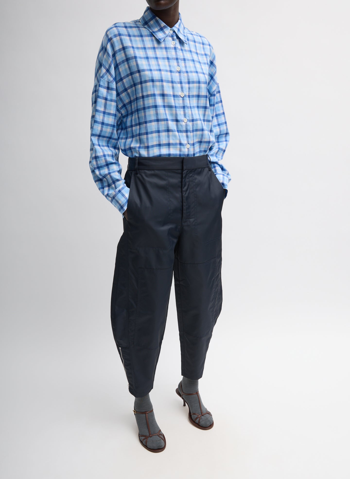 Eco Nylon Colt Trouser - Navy Eco Nylon Colt Trouser - barrel leg, full look, front view on model