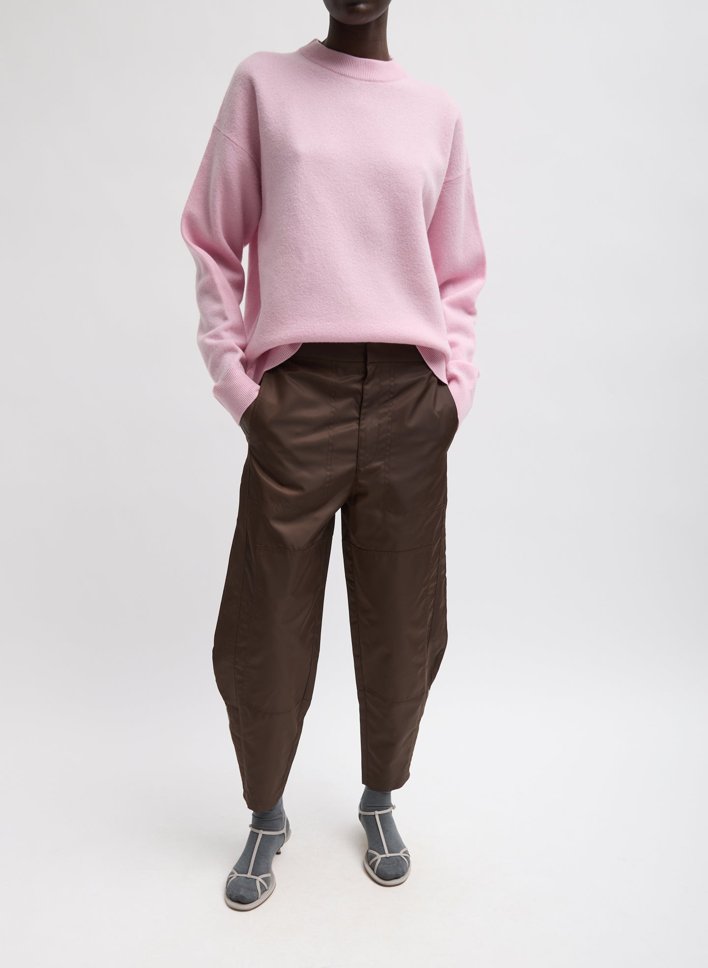 Eco Nylon Colt Trouser - Brown Eco Nylon Colt Trouser - barrel leg, full look, front view on model