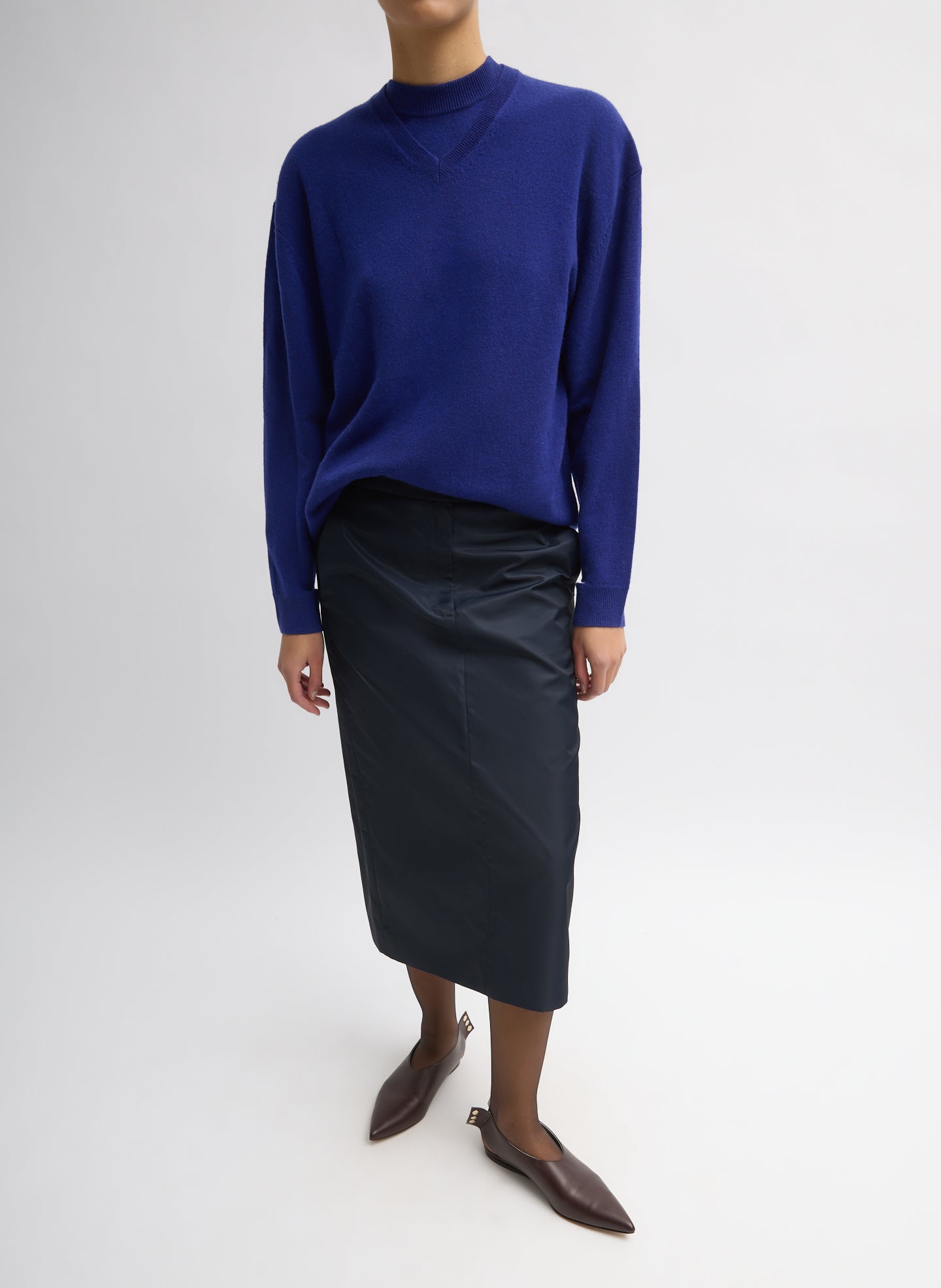 Eco Nylon Midi Trouser Skirt - Navy Eco Nylon Midi Trouser Skirt - full look, front view on model