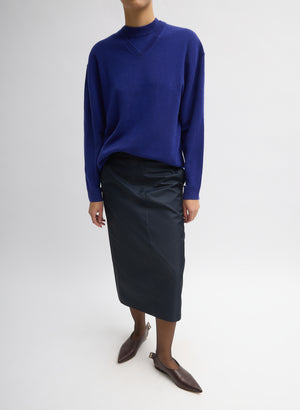 Navy Eco Nylon Midi Trouser Skirt - full look, front view on model