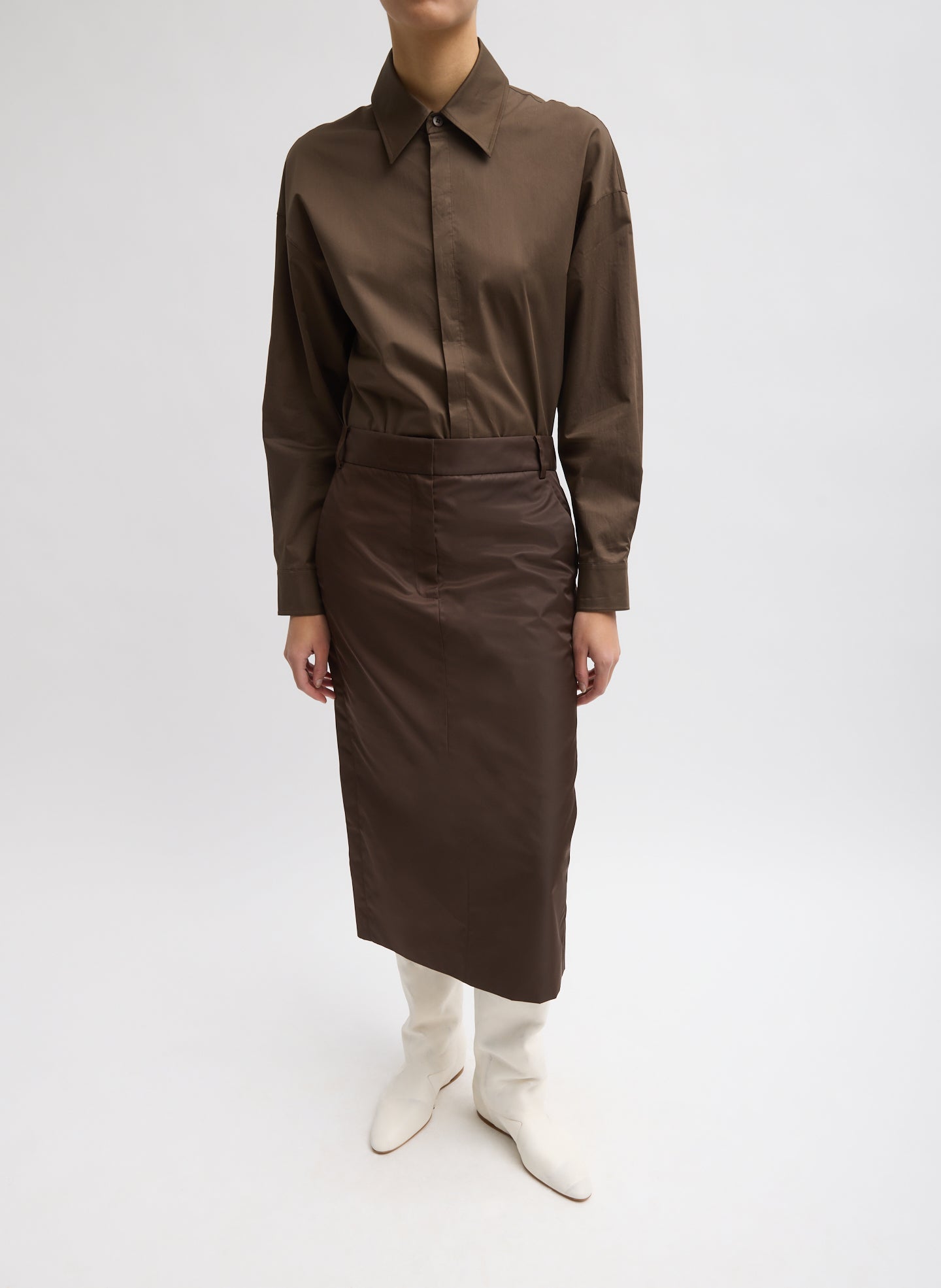 Eco Nylon Midi Trouser Skirt - Brown Eco Nylon Midi Trouser Skirt - full look, front view on model