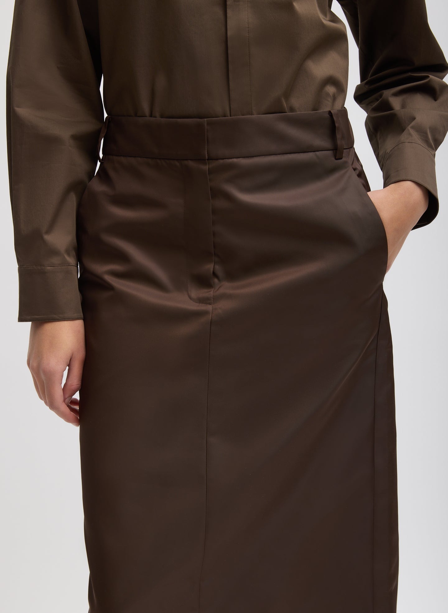 Brown Eco Nylon Midi Trouser Skirt - closeup of front