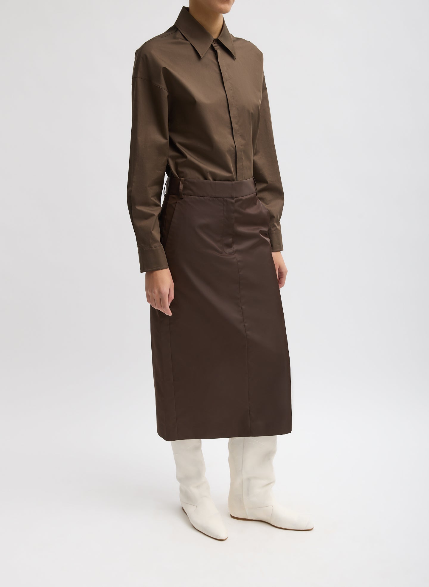 Brown Eco Nylon Midi Trouser Skirt - full look, three-quarter view on model