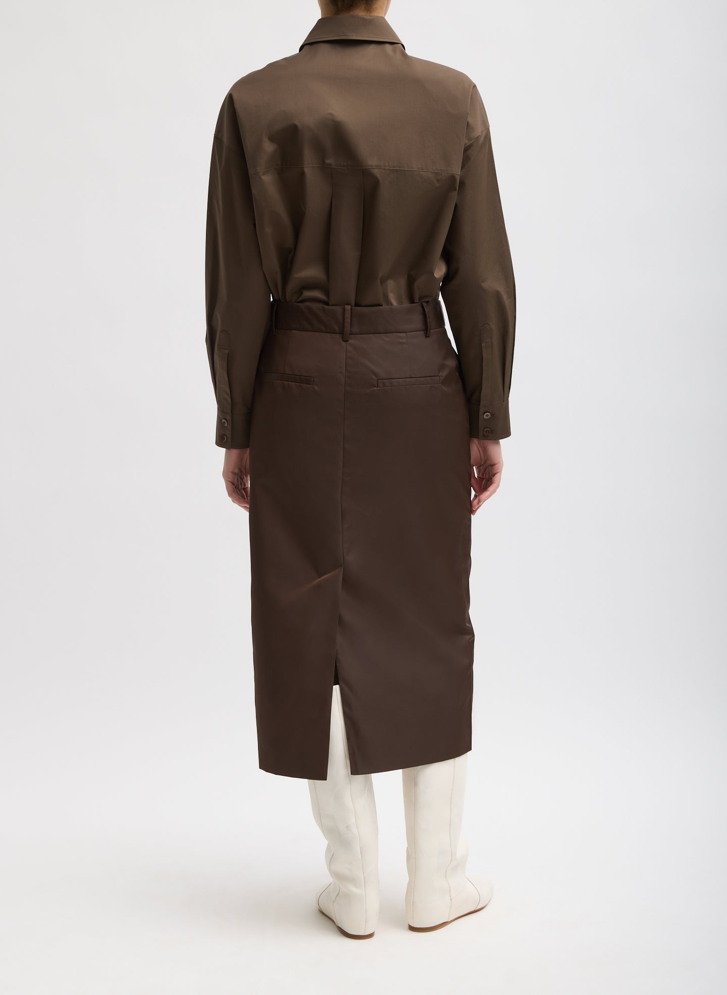 Brown Eco Nylon Midi Trouser Skirt - full look, back view on model