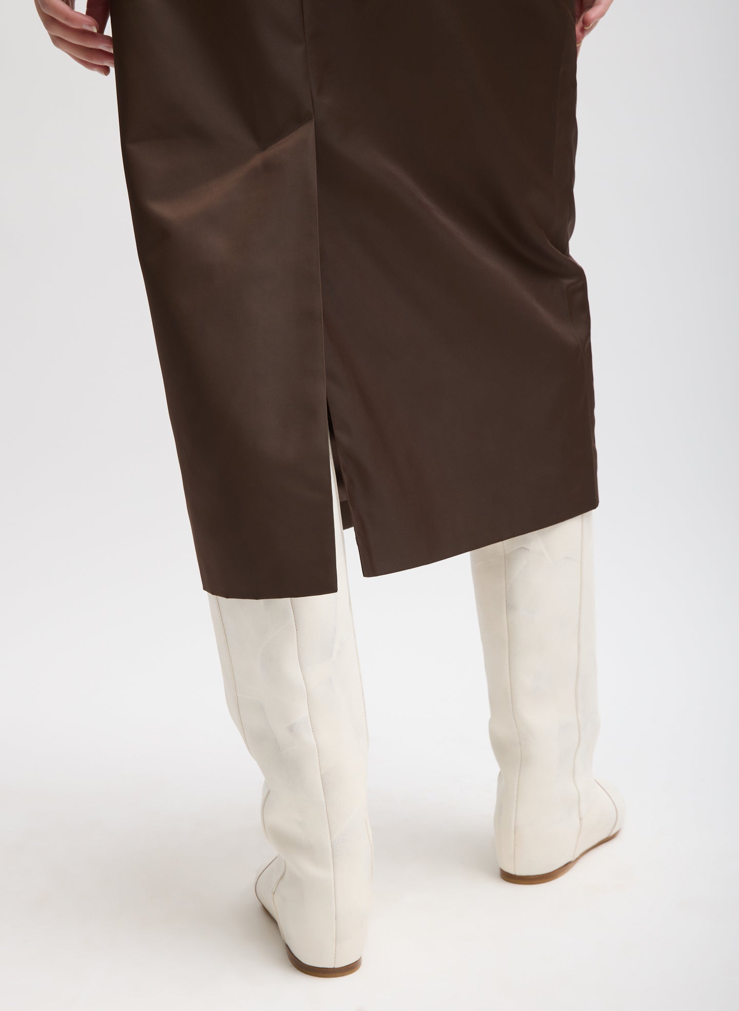 Brown Eco Nylon Midi Trouser Skirt - closeup of back slit detail