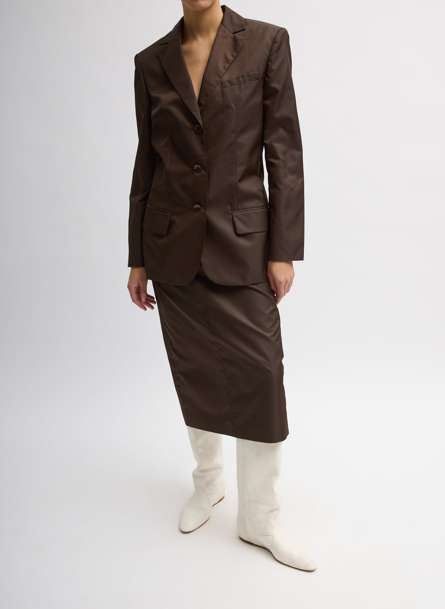 Eco Nylon Max Blazer - Brown Eco Nylon Max Blazer - full look, front view on model