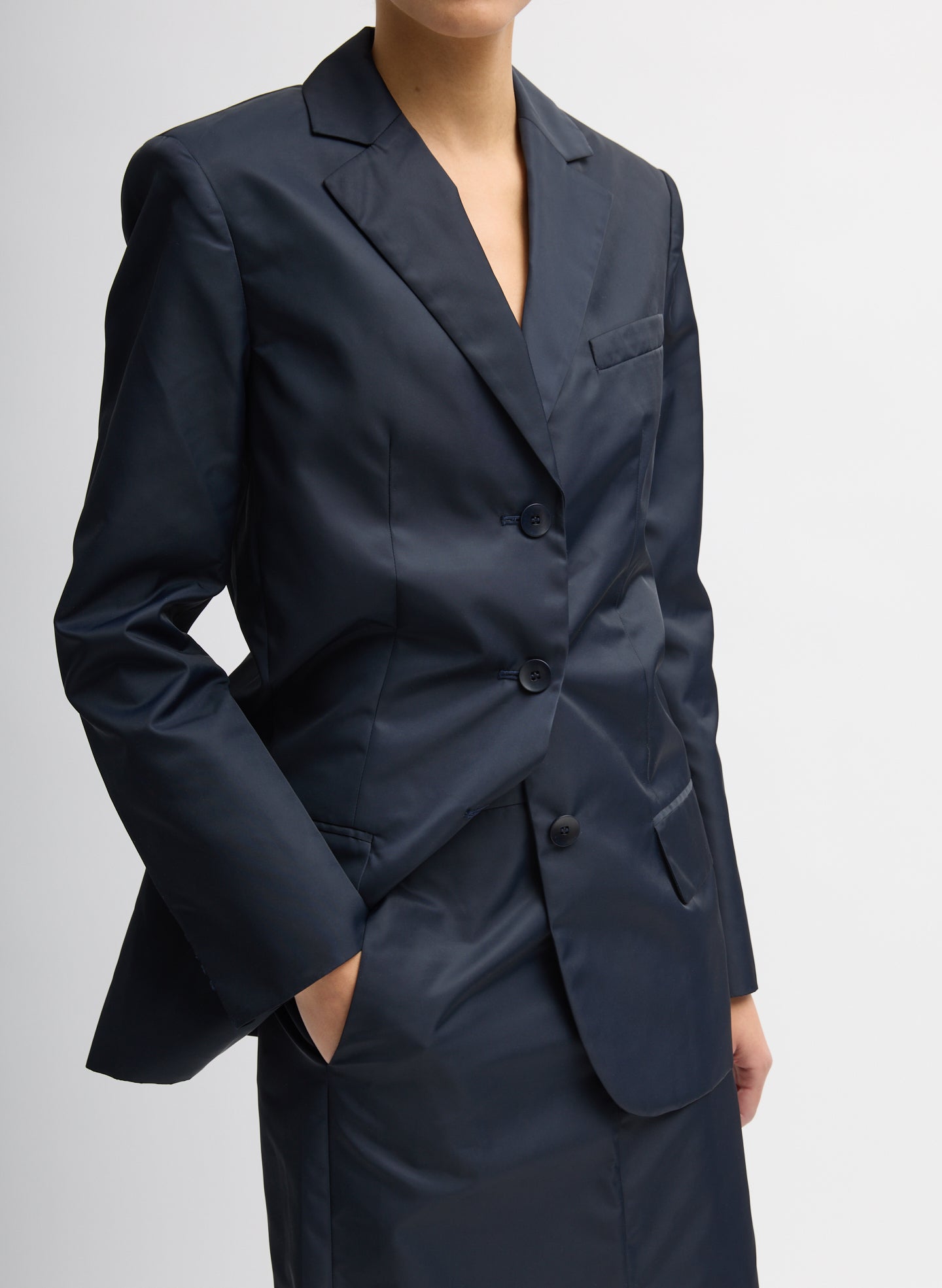 Navy Eco Nylon Max Blazer - three-quarter view on model