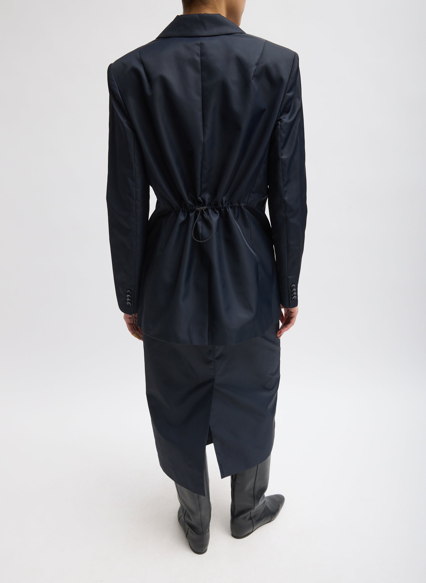 Navy Eco Nylon Max Blazer - full look, back view on model