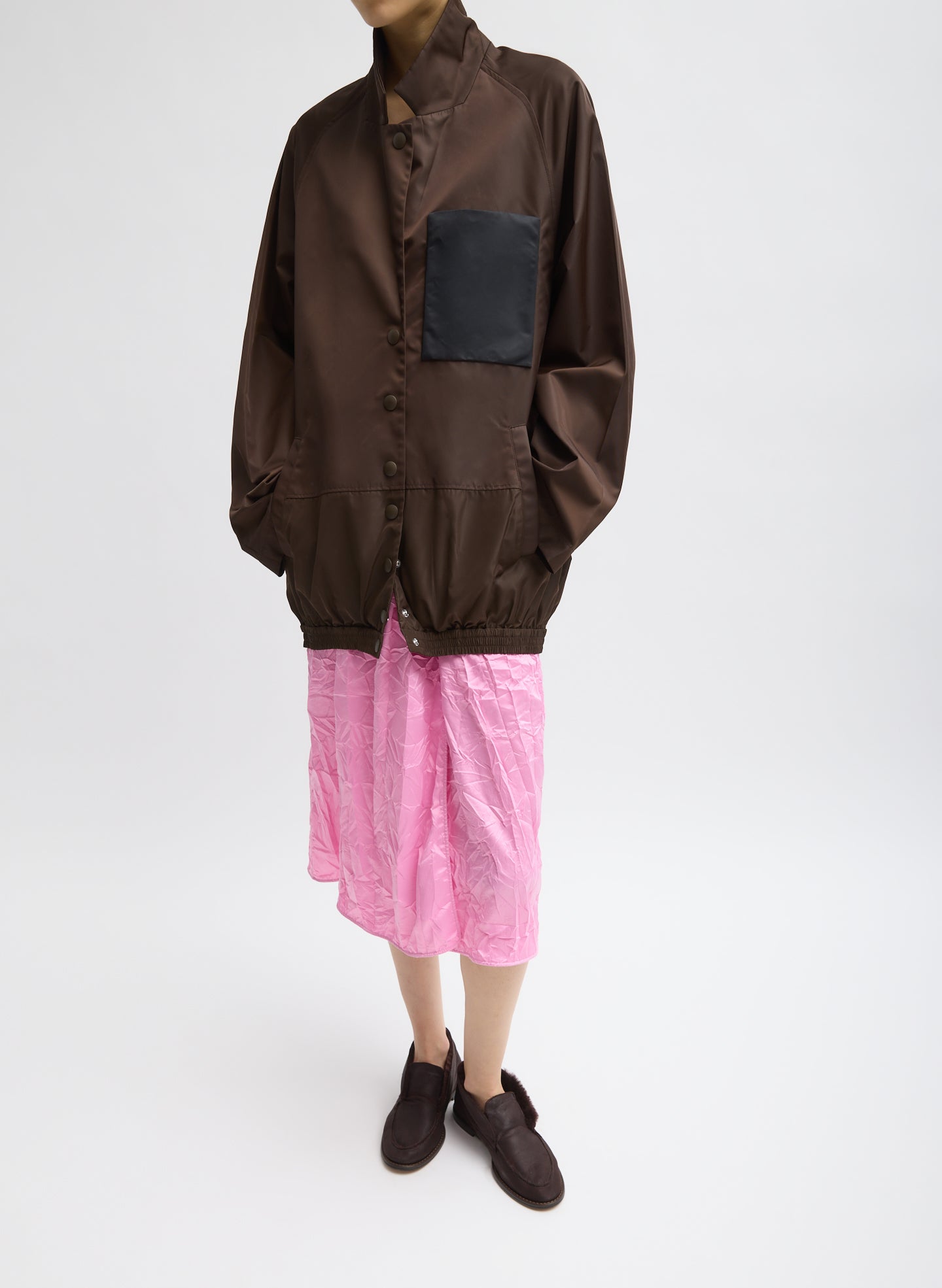 Brown Eco Nylon Bomber Blazer - full look, front view on model