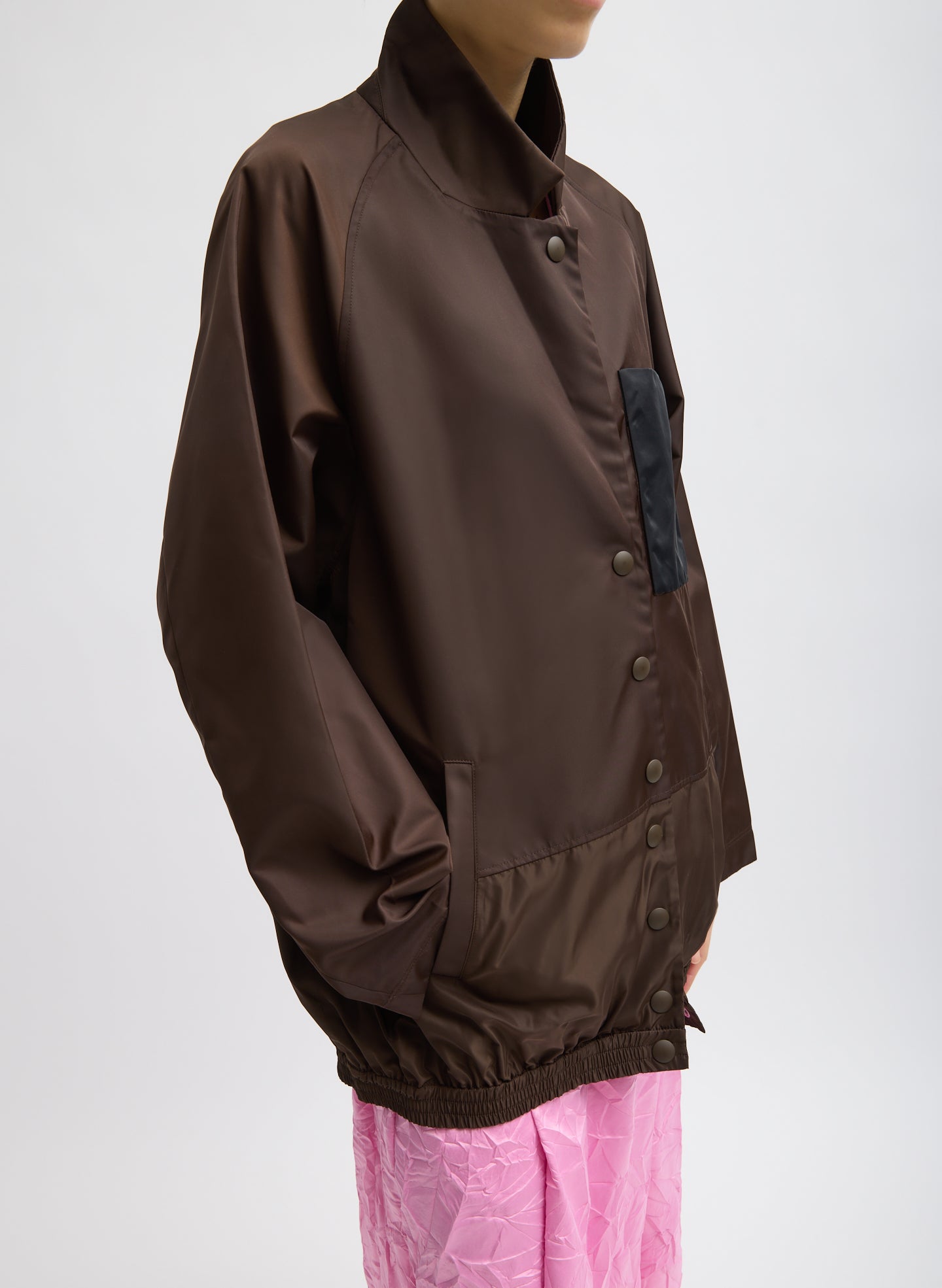 Brown Eco Nylon Bomber Blazer - side view on model