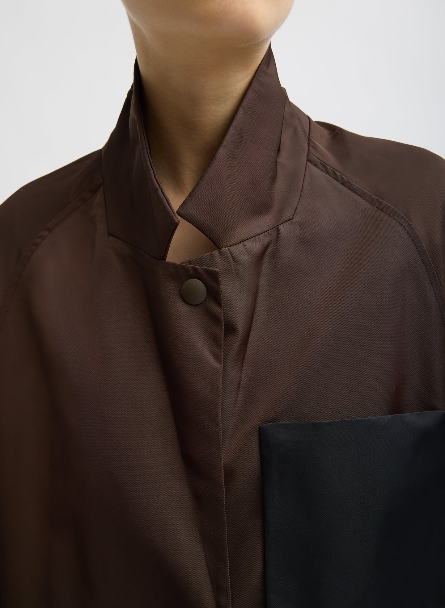 Brown Eco Nylon Bomber Blazer - closeup of neckline