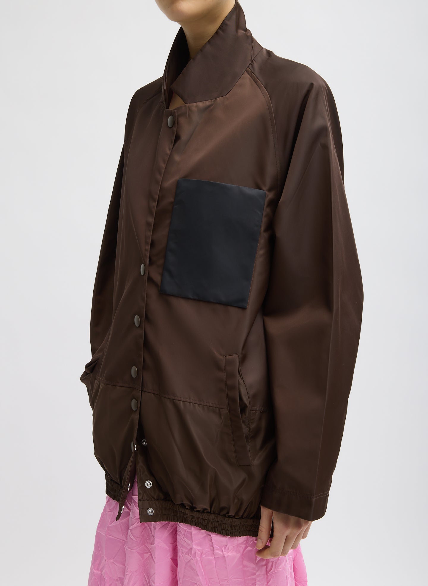 Eco Nylon Bomber Blazer - Brown Eco Nylon Bomber Blazer - three-quarter view on model