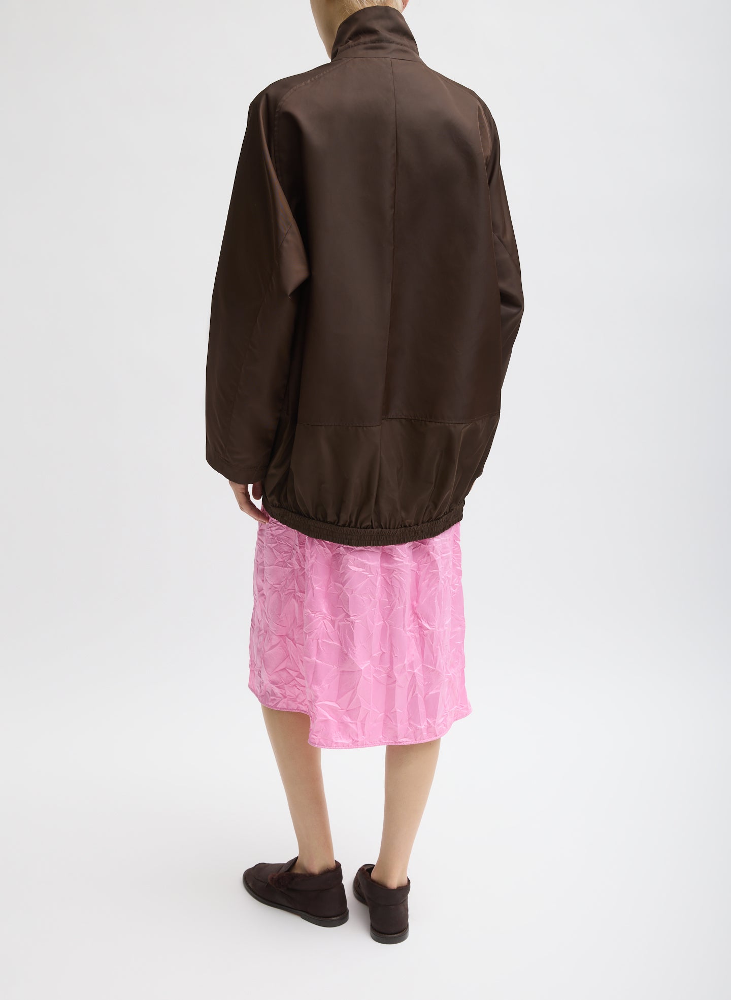 Brown Eco Nylon Bomber Blazer - full look, back view on model