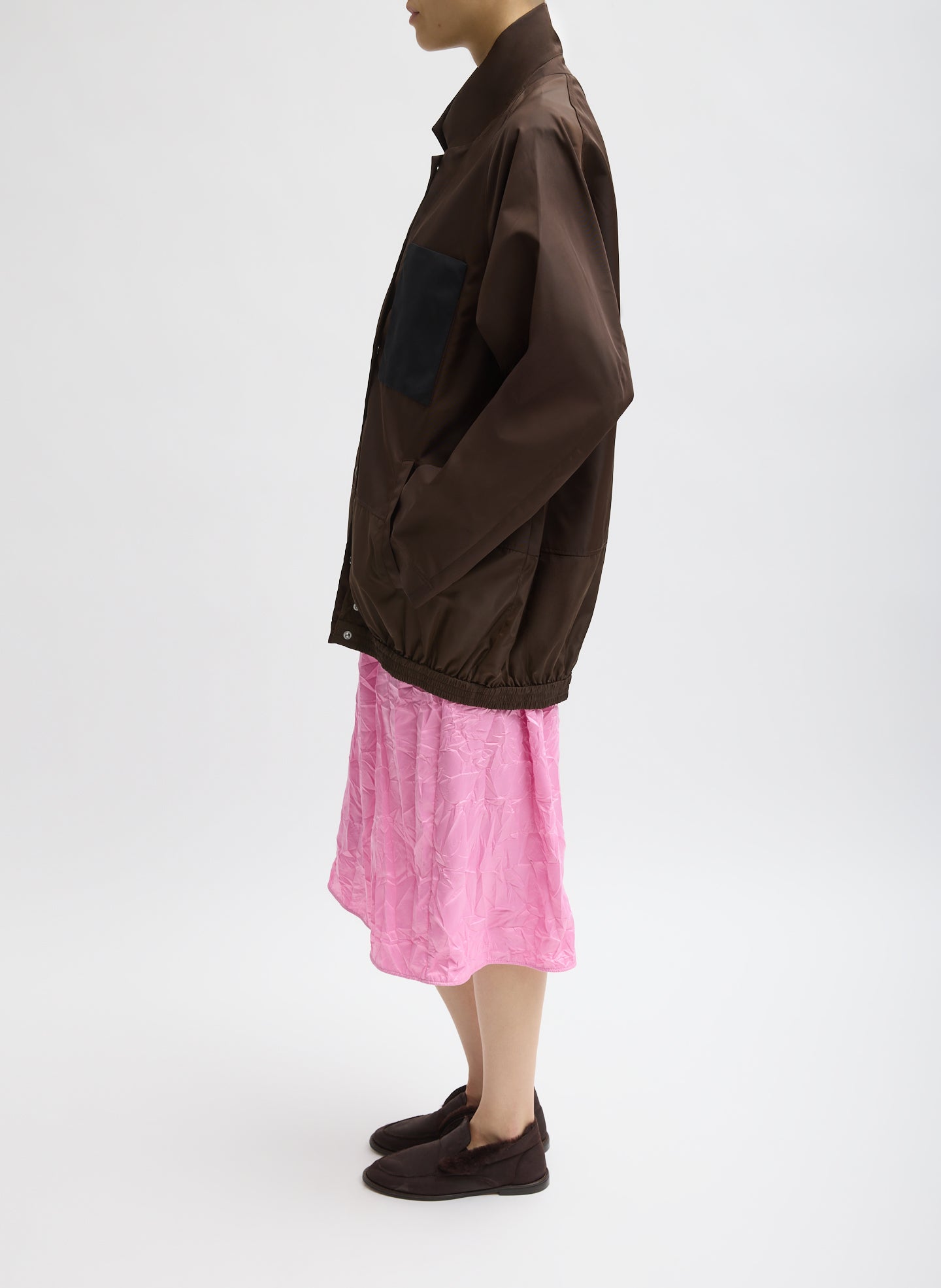 Brown Eco Nylon Bomber Blazer - full look, side view on model