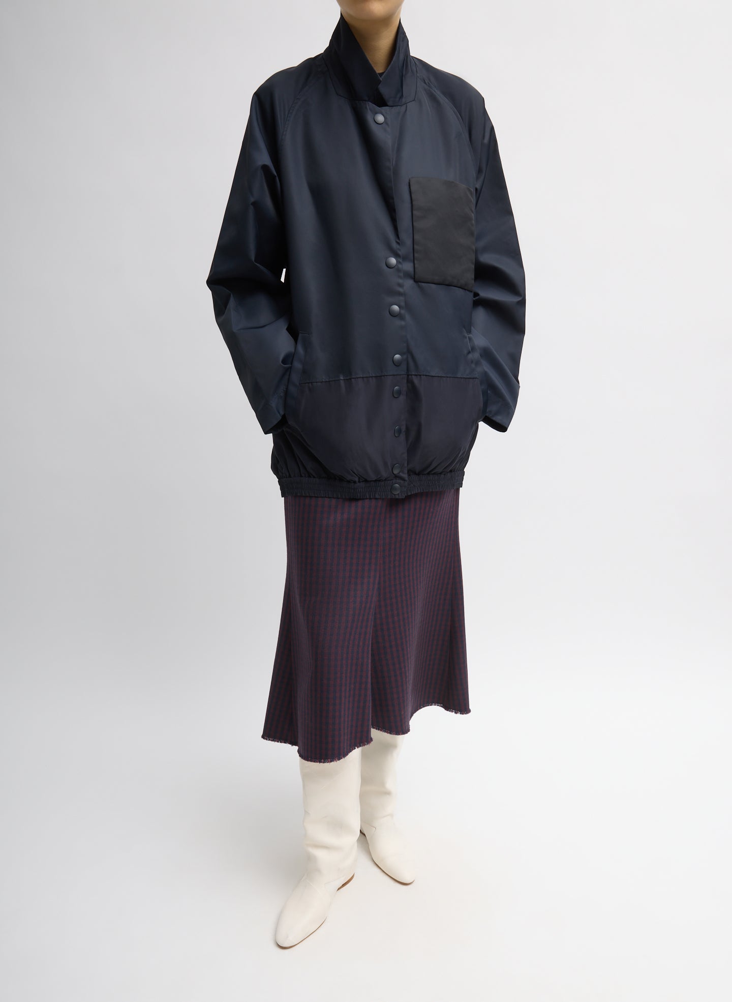 Eco Nylon Bomber Blazer - Navy Eco Nylon Bomber Blazer - full look, front view on model