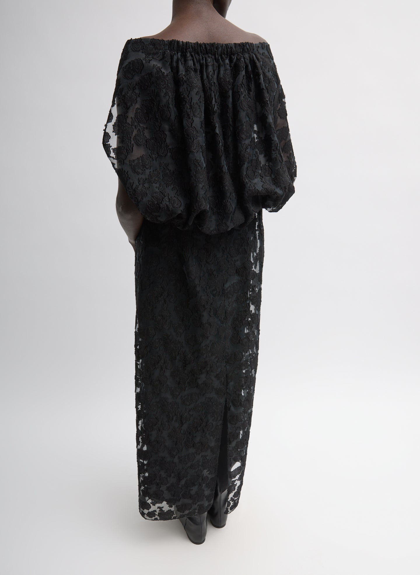 Black Fil Coupé Camille Dress - off the shoulder, back view on model
