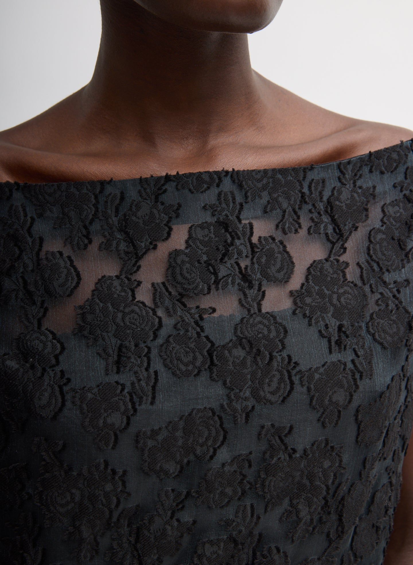 Black Fil Coupé Camille Dress - closeup of neckline and fabric detail