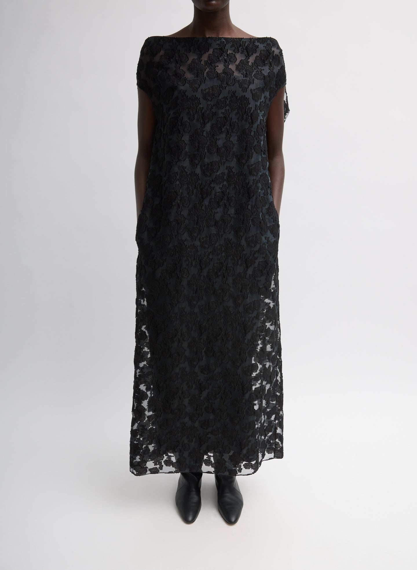 Black Fil Coupé Camille Dress - off the shoulder, front view on model