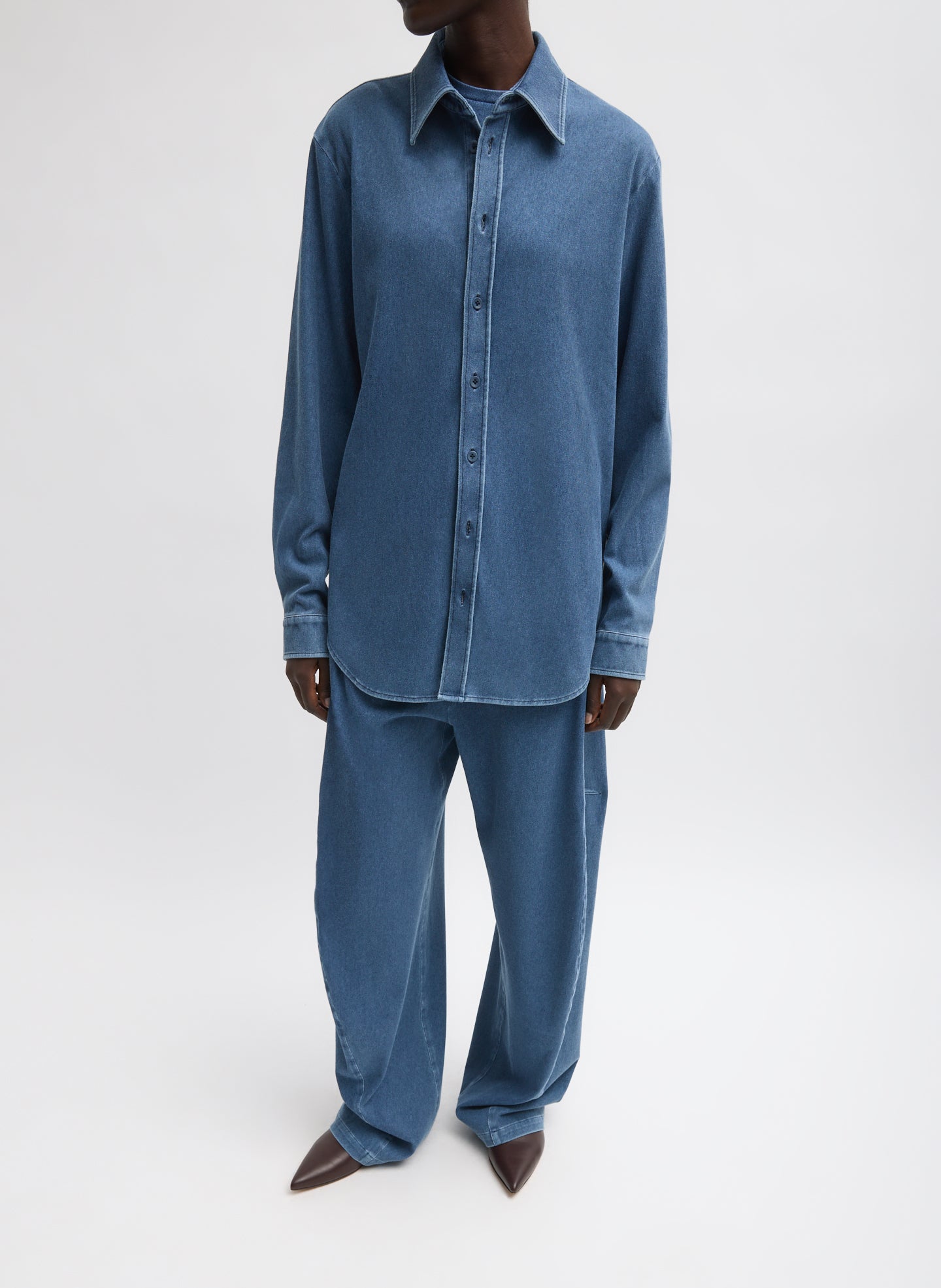 Classic Wash Stretch Denim Knit Winslow Pant - full look, front view on model