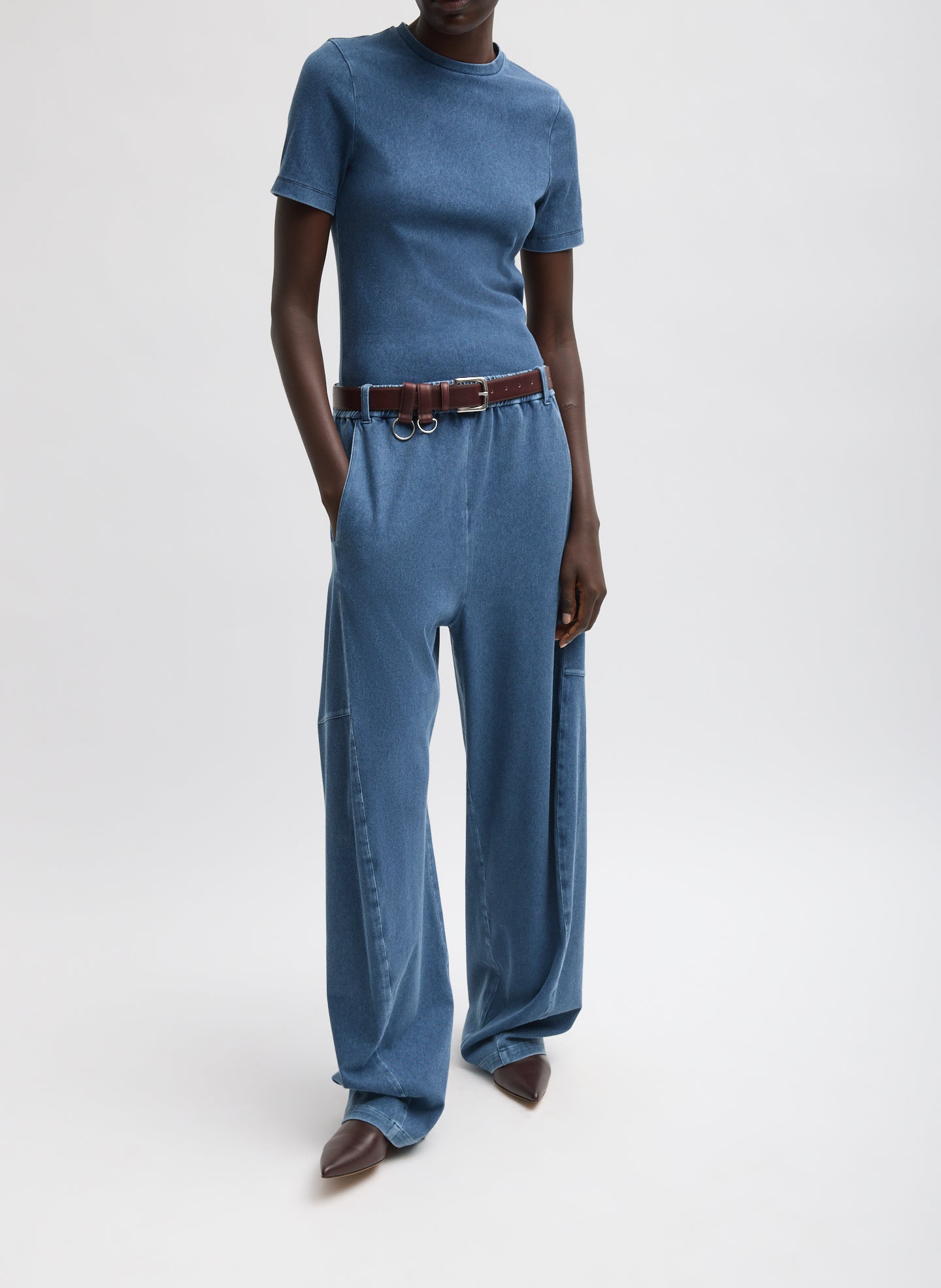 Classic Wash Stretch Denim Knit Winslow Pant - pull on, front view on model