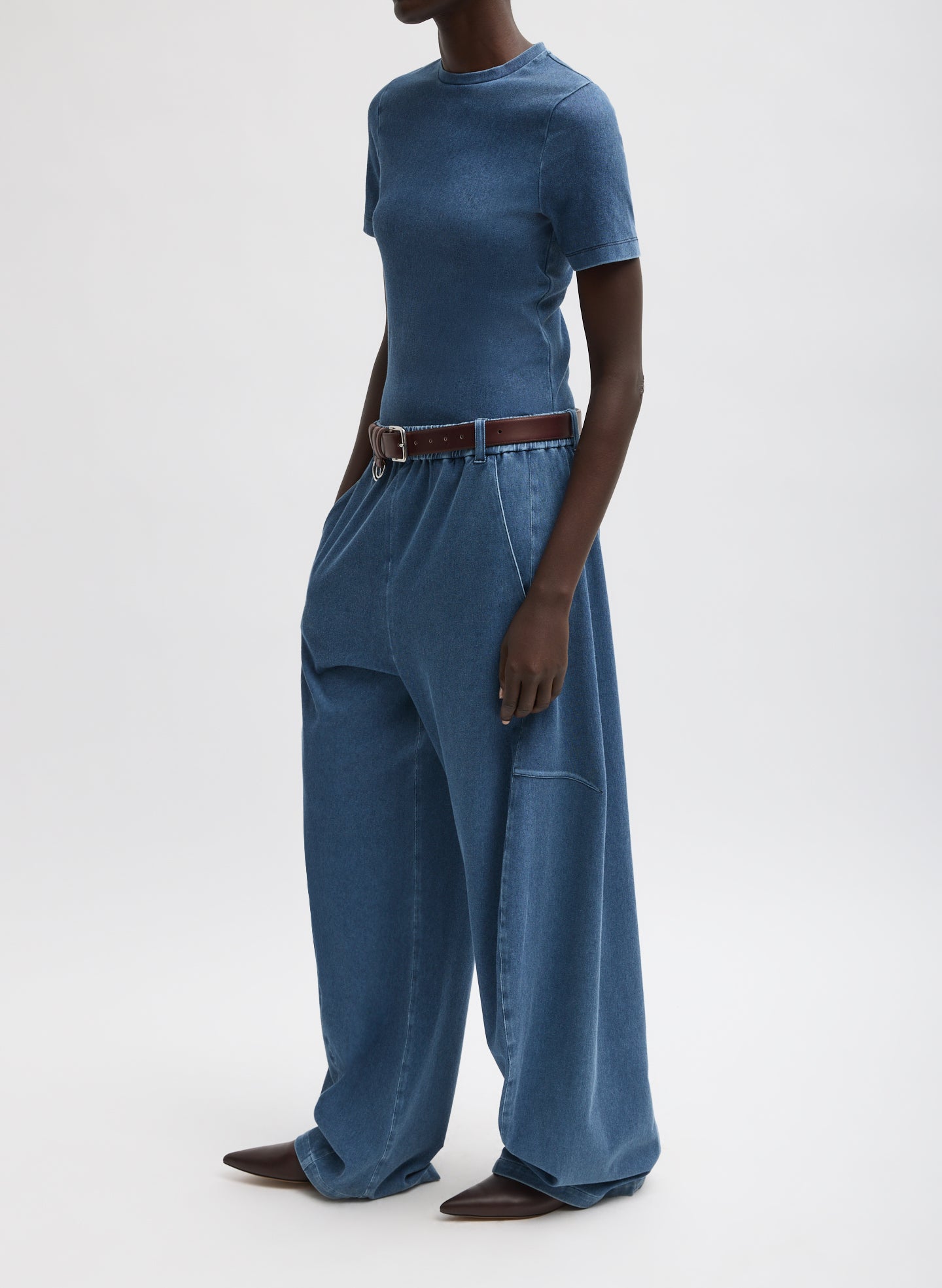 Classic Wash Stretch Denim Knit Winslow Pant - pull on, side view on model
