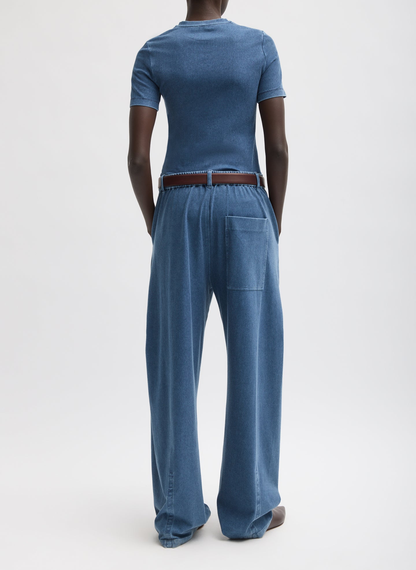 Classic Wash Stretch Denim Knit Winslow Pant - pull on, back view on model